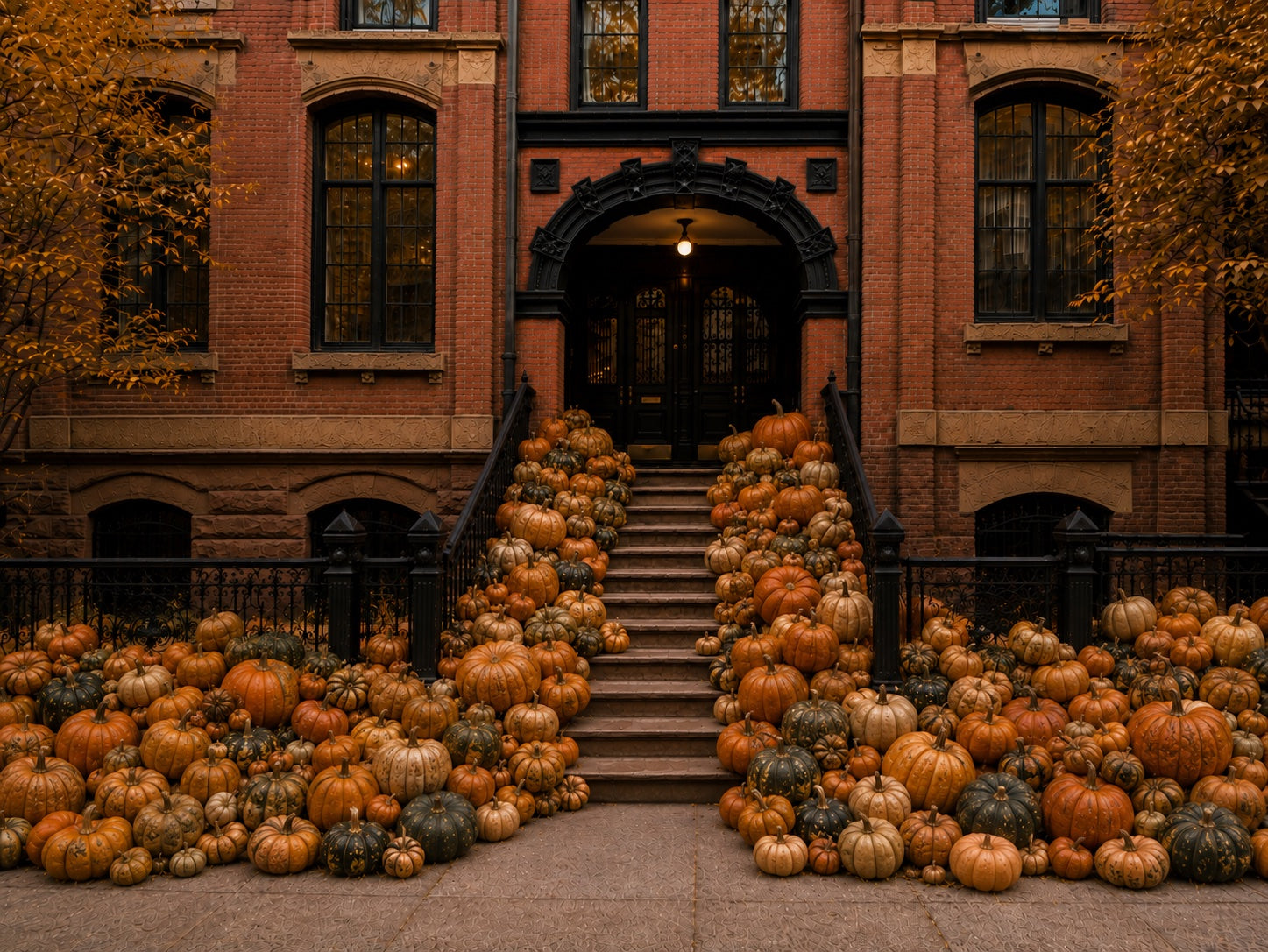 Grand Fallscape pumpkin installation on a brownstone staircase